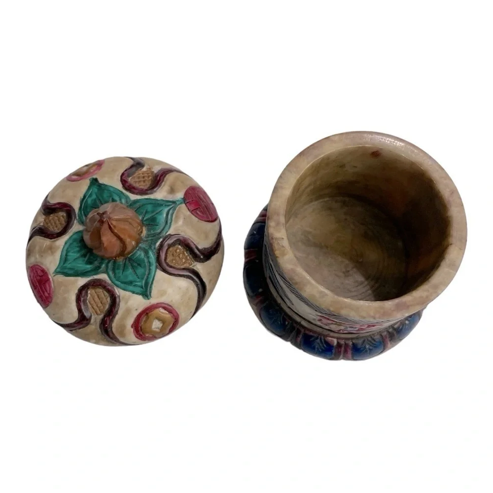 Vintage Chinese Dragon Stone Trinket Box Hand Painted Lidded Jewelry Container